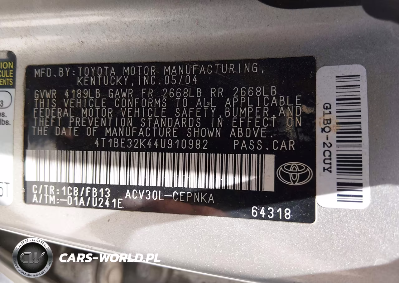 2004 Toyota Camry Std VIN:4T1BE32K44U910982 - 9