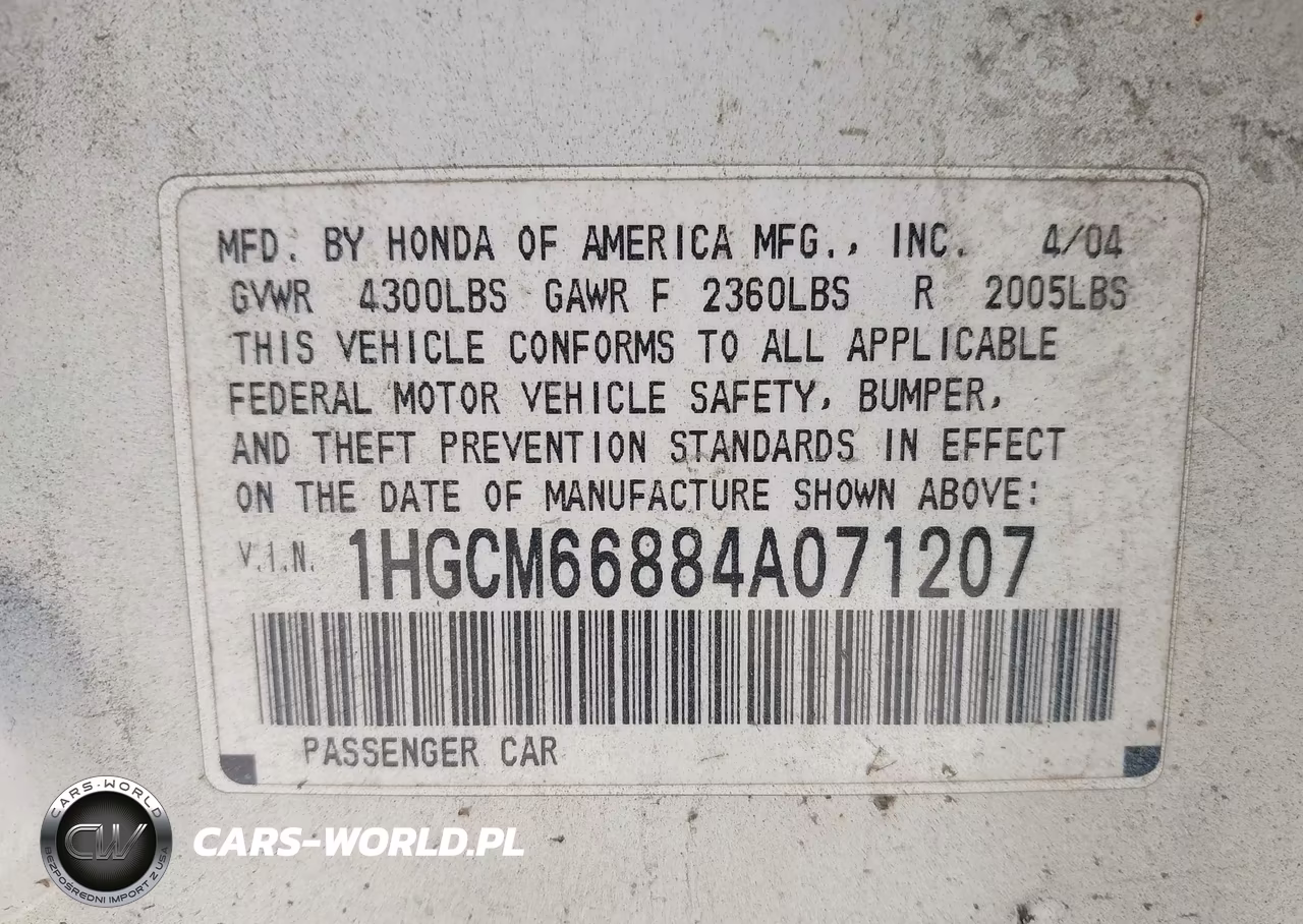 2004 Honda Accord 3.0 Ex VIN:1HGCM66884A071207 - 9