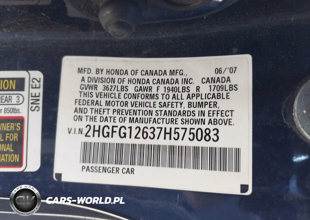 2007 Honda Civic Lx VIN:2HGFG12637H575083 - 9