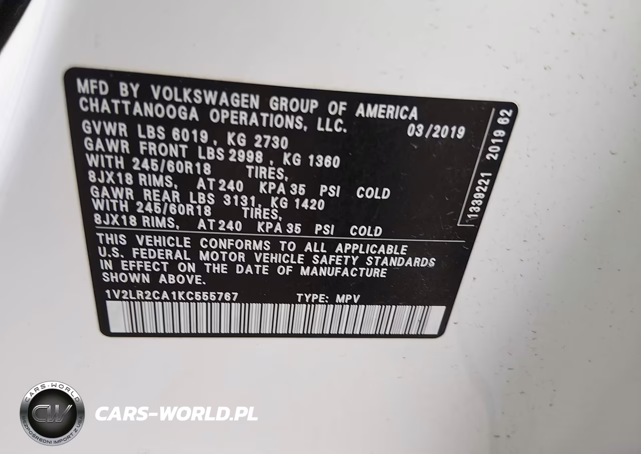 2019 Volkswagen Atlas 3.6L V6 Se VIN:1V2LR2CA1KC555767 - 9