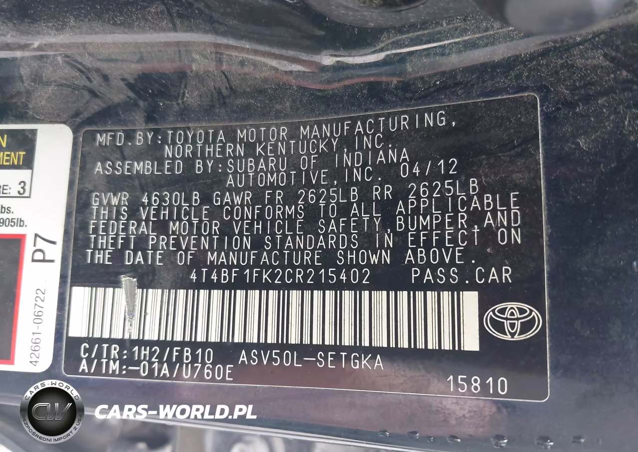 2012 Toyota Camry Xle VIN:4T4BF1FK2CR215402 - 9