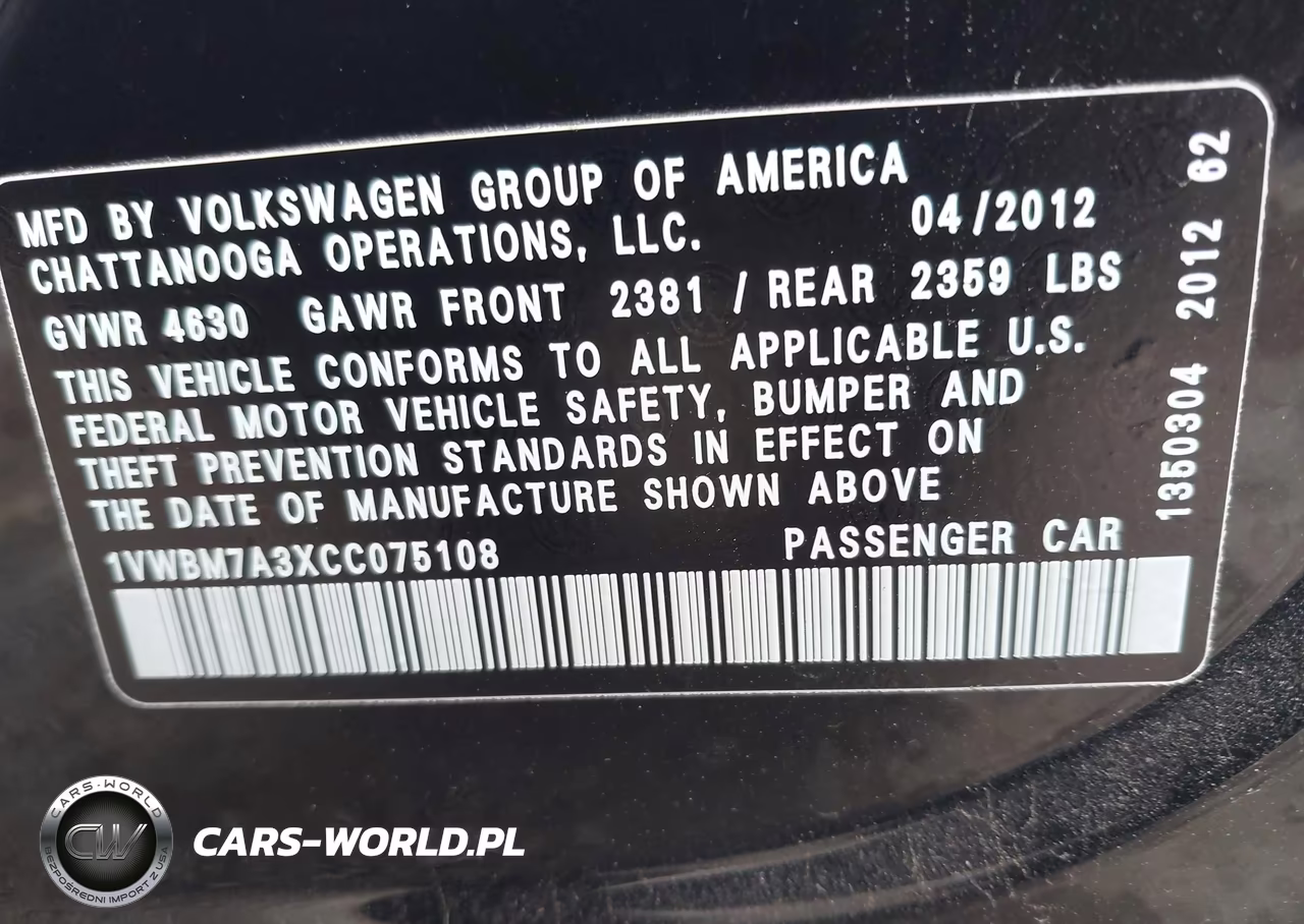 2012 Volkswagen Passat 3.6L V6 Se VIN:1VWBM7A3XCC075108 - 9