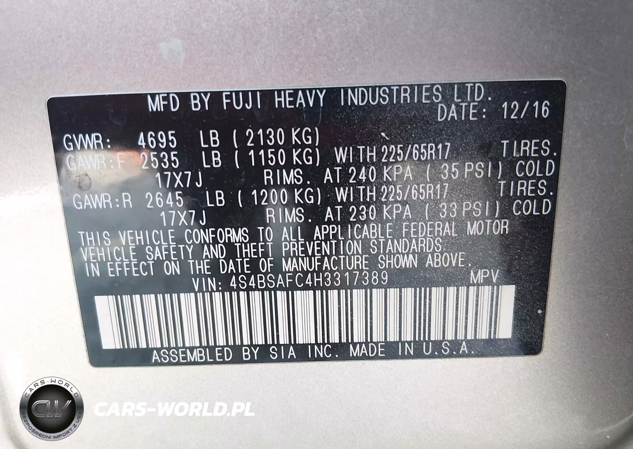 2017 Subaru Outback 2.5I Premium VIN:4S4BSAFC4H3317389 - 9