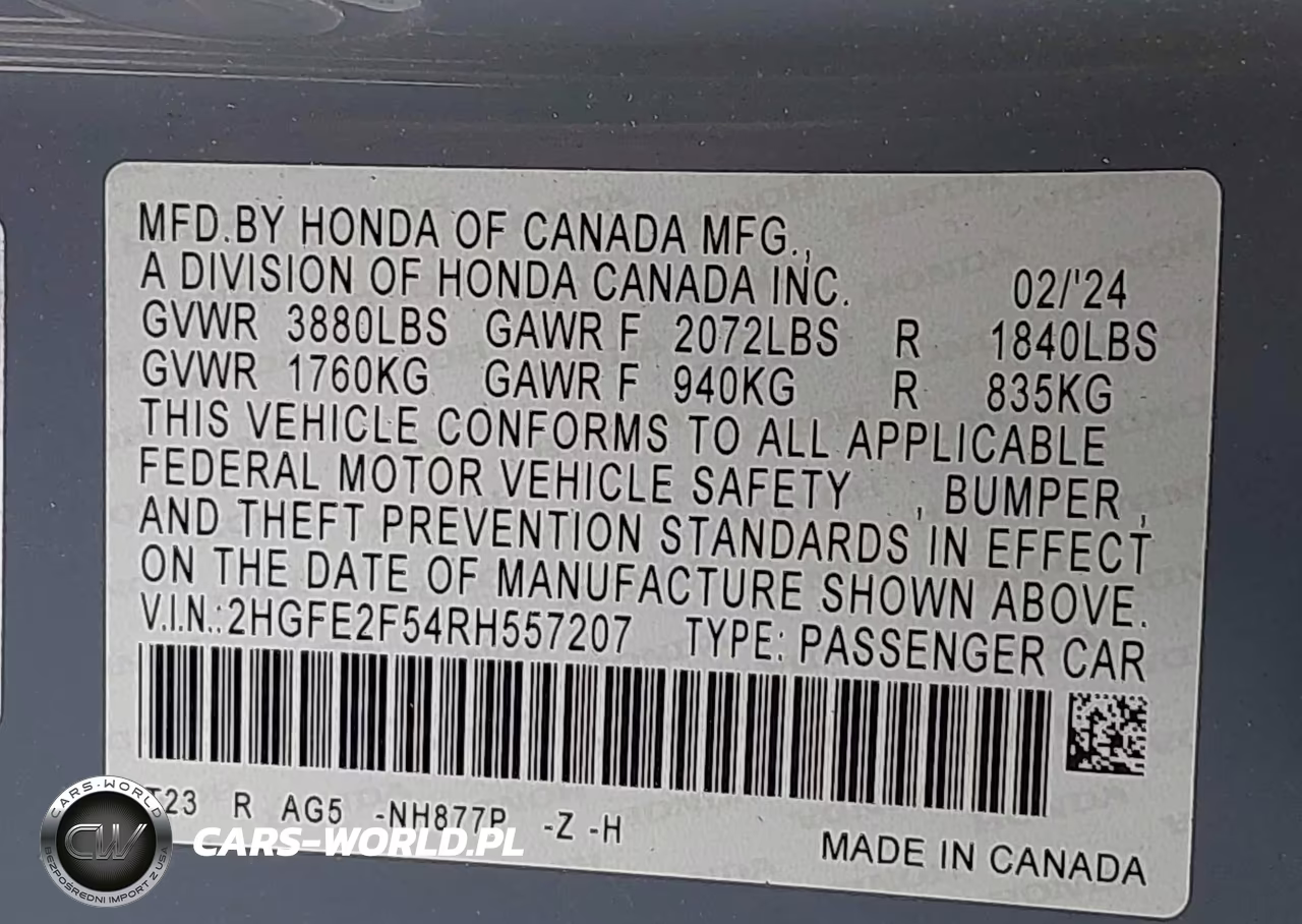 2024 Honda Civic Sport VIN:2HGFE2F54RH557207 - 9
