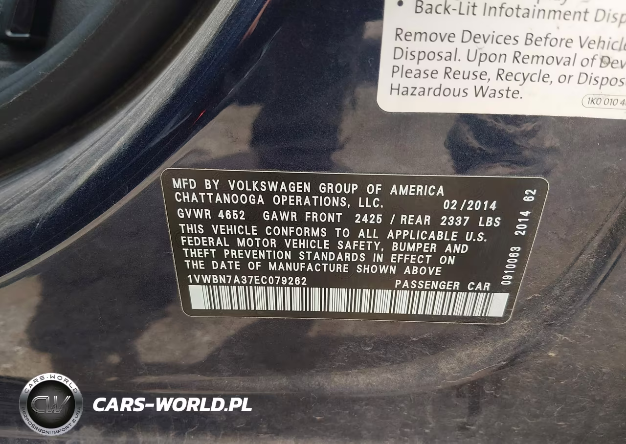 2014 Volkswagen Passat 2.0L Tdi Se VIN:1VWBN7A37EC079262 - 9