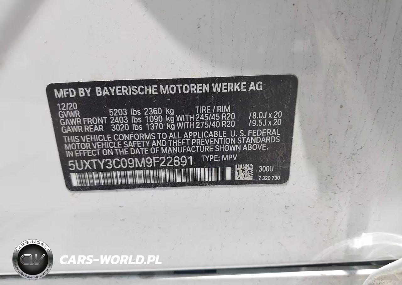 2021 BMW X3 Sdrive30I VIN:5UXTY3C09M9F22891 - 9