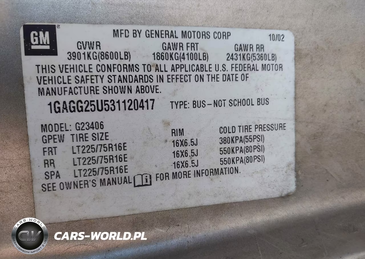 2003 Chevrolet Express Passenger VIN:1GAGG25U531120417 - 9