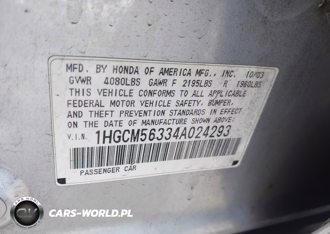 2004 Honda Accord 2.4 Lx VIN:1HGCM56334A024293 - 9
