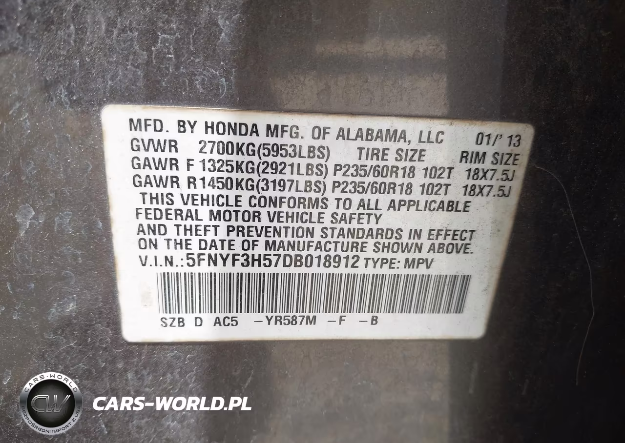 2013 Honda Pilot Ex-L VIN:5FNYF3H57DB018912 - 9