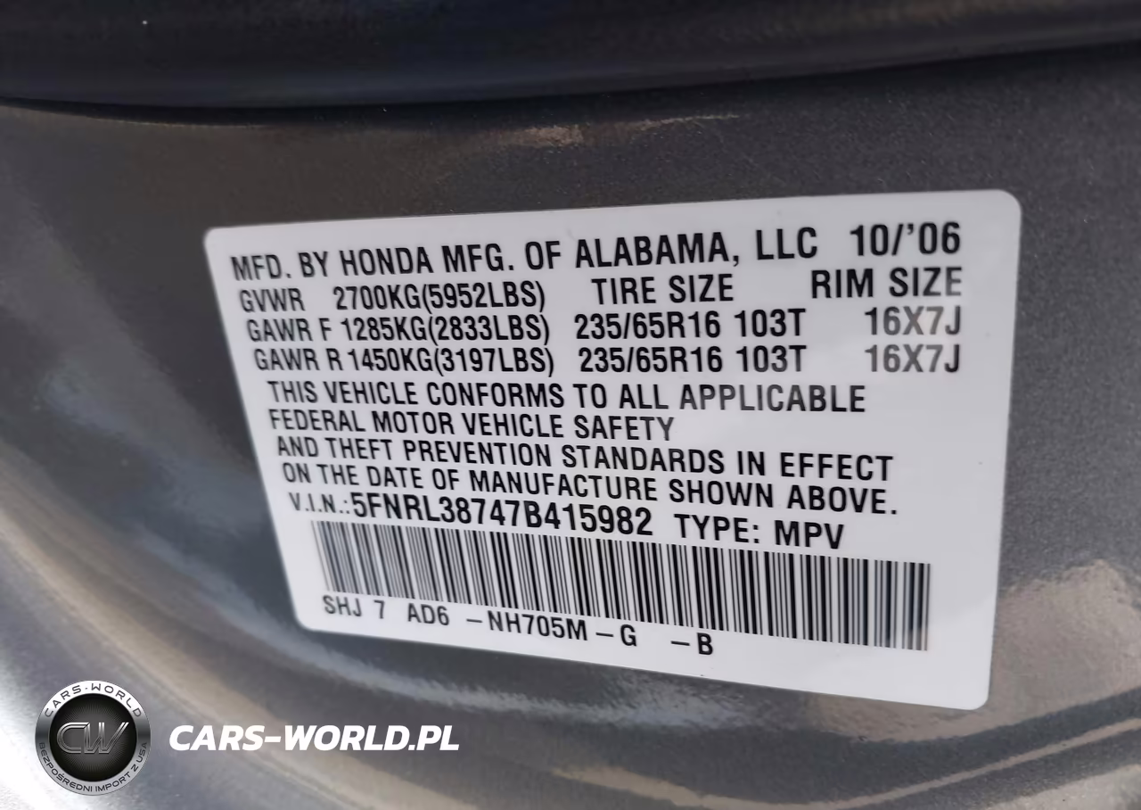 2007 Honda Odyssey Ex-L VIN:5FNRL38747B415982 - 9