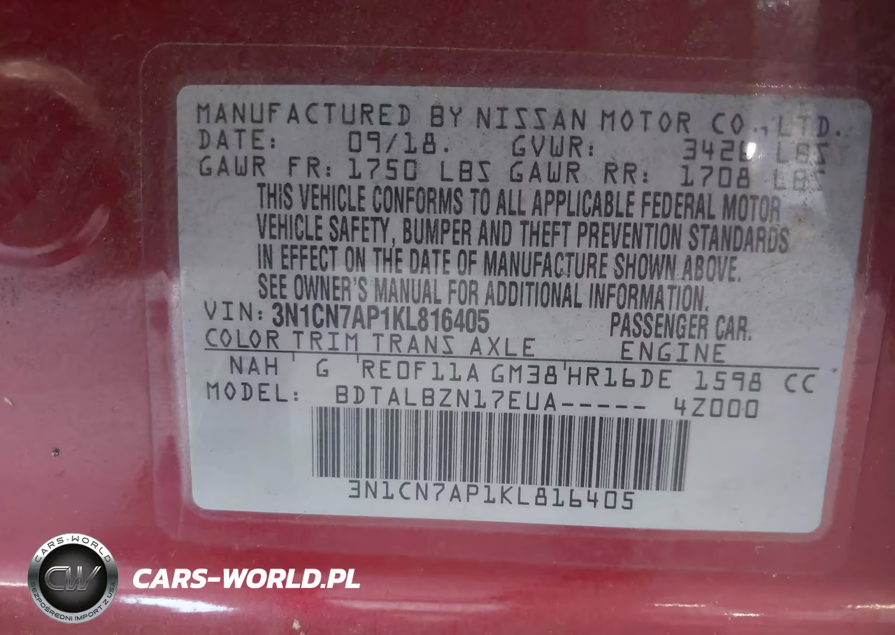2019 Nissan Versa 1.6 Sv VIN:3N1CN7AP1KL816405 - 9