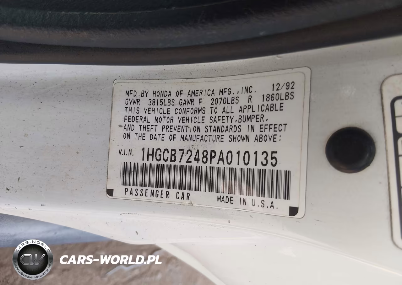 1993 Honda Accord Dx VIN:1HGCB7248PA010135 - 9