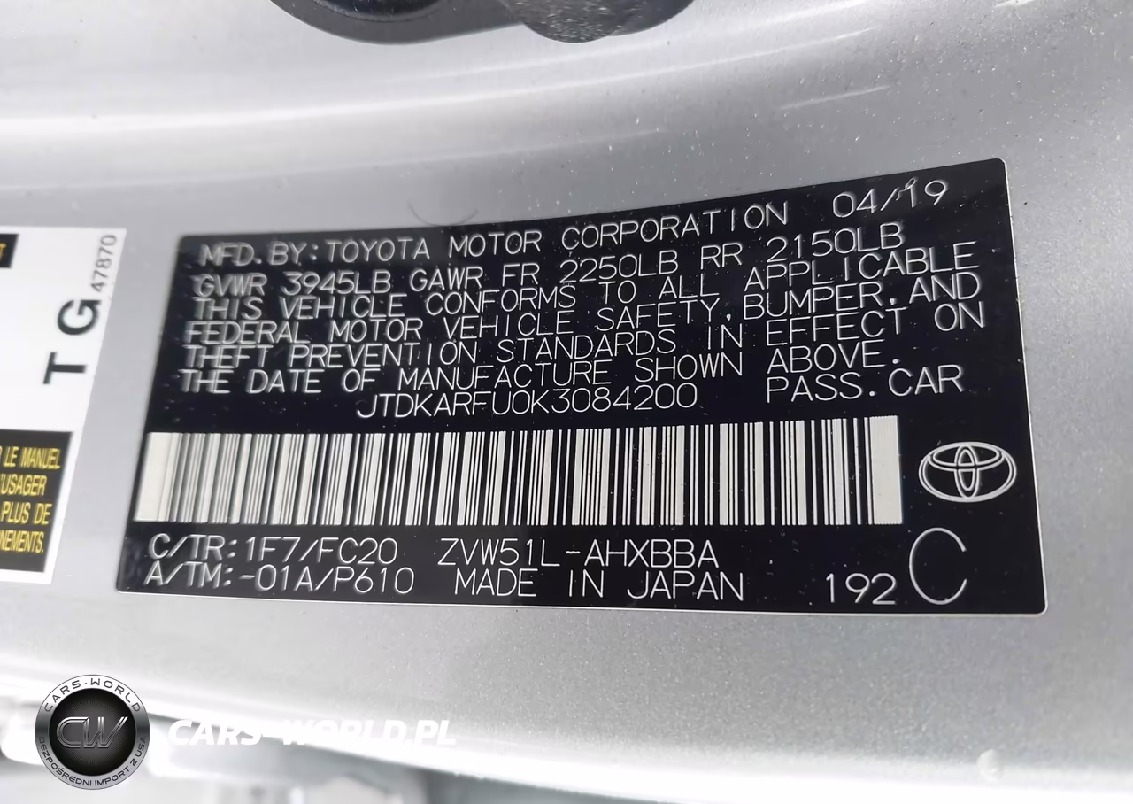 2019 Toyota Prius L Eco VIN:JTDKARFU0K3084200 - 9