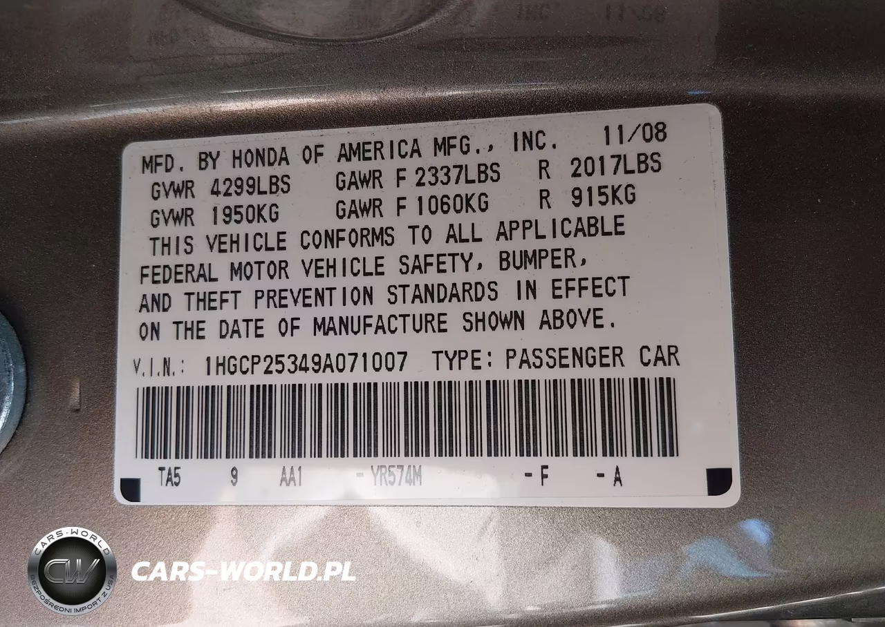 2009 Honda Accord 2.4 Lx VIN:1HGCP25349A071007 - 9