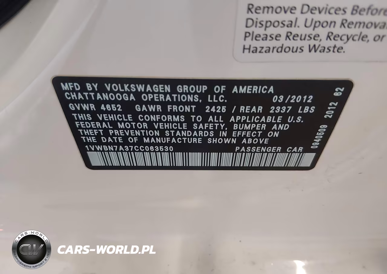 2012 Volkswagen Passat 2.0L Tdi Se VIN:1VWBN7A37CC063530 - 9
