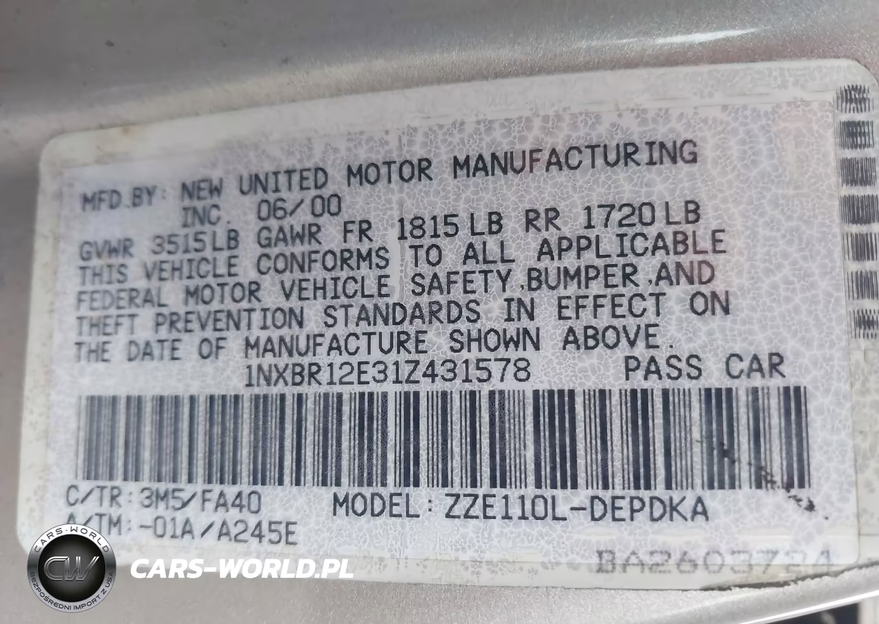 2001 Toyota Corolla Le VIN:1NXBR12E31Z431578 - 9