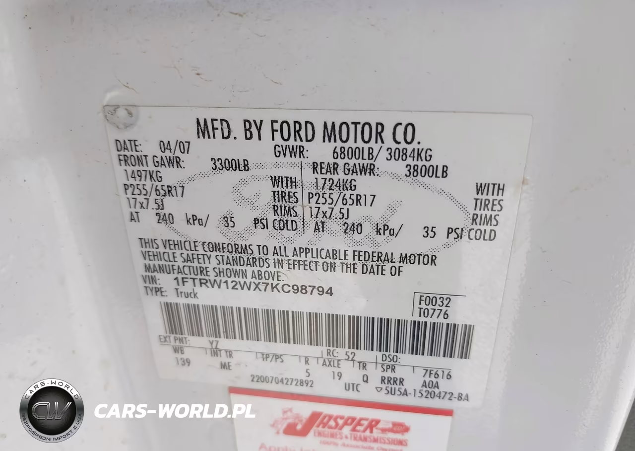 2007 Ford F-150 Xlt VIN:1FTRW12WX7KC98794 - 9