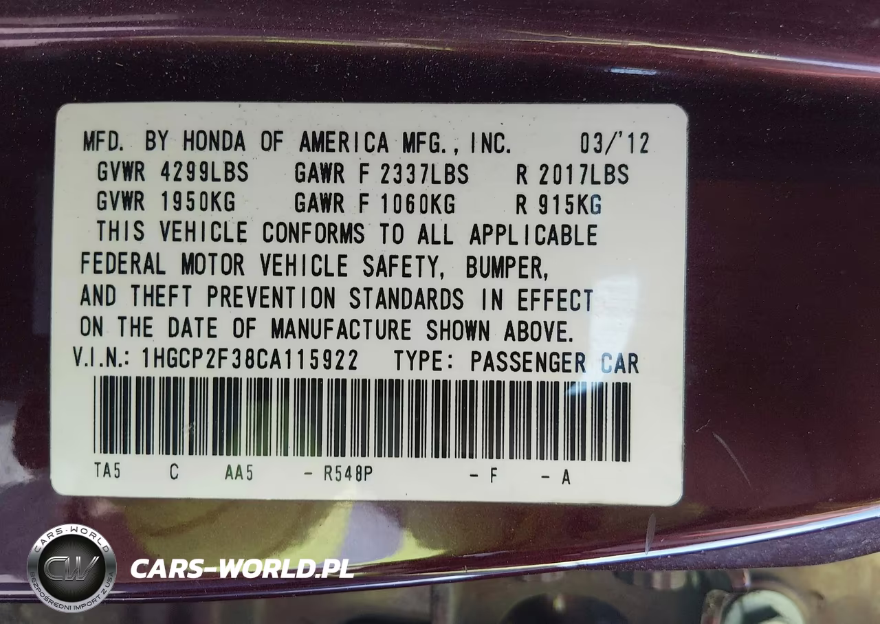 2012 Honda Accord 2.4 Lx VIN:1HGCP2F38CA115922 - 9