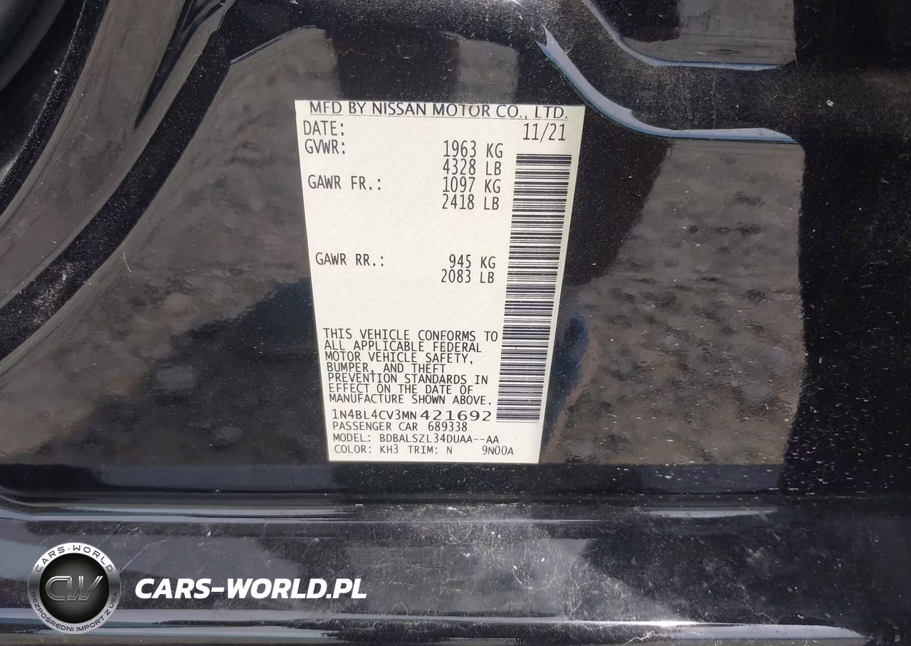 2021 Nissan Altima Sr Fwd VIN:1N4BL4CV3MN421692 - 9