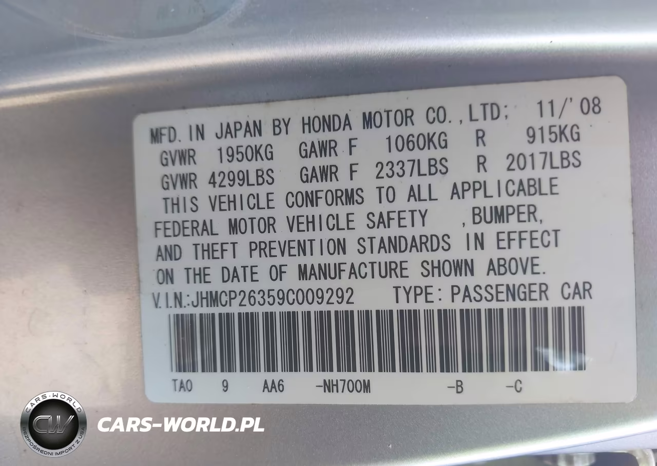 2009 Honda Accord 2.4 Lx VIN:JHMCP26359C009292 - 9