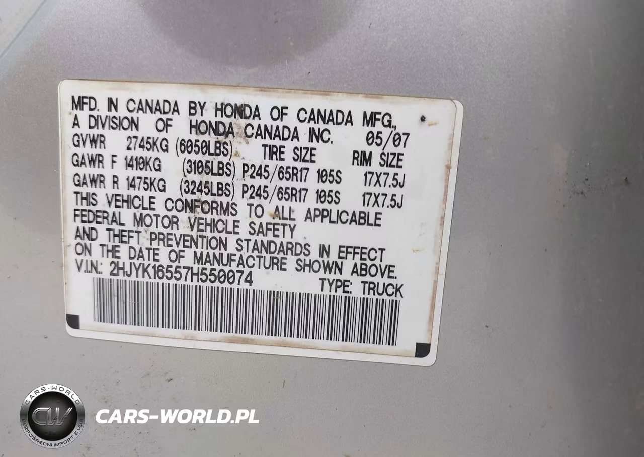 2007 Honda Ridgeline Rtl VIN:2HJYK16557H550074 - 9