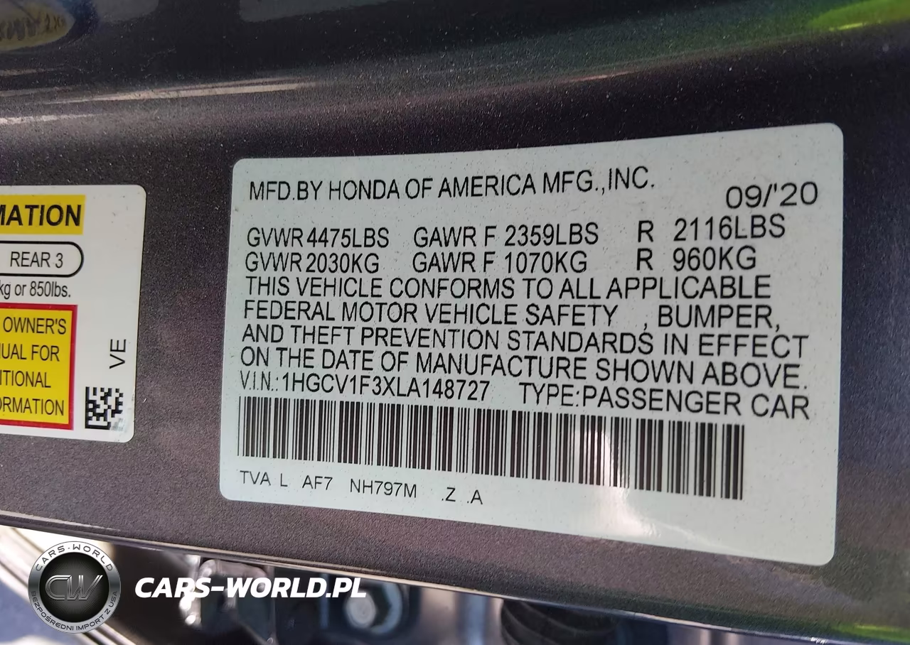 2020 Honda Accord Sport VIN:1HGCV1F3XLA148727 - 9