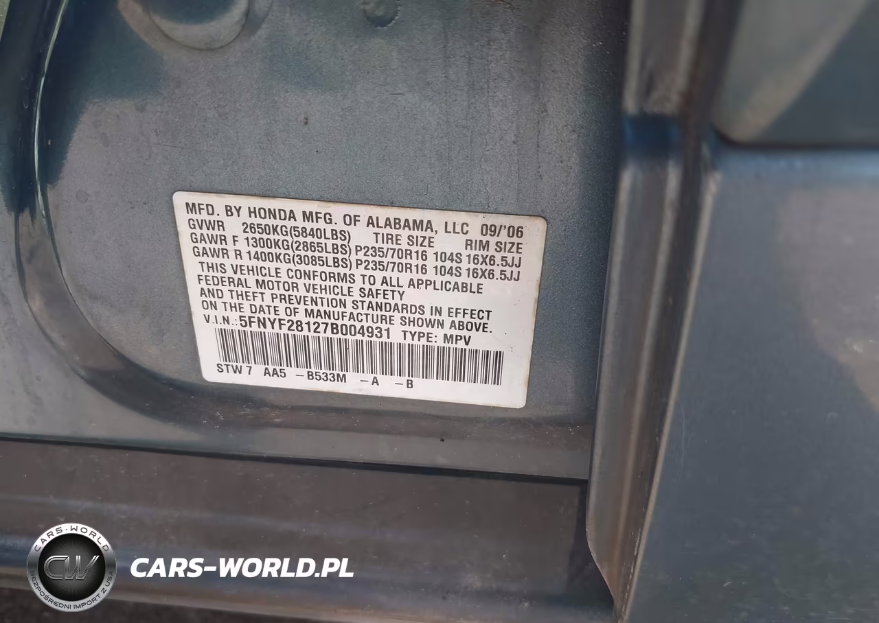 2007 Honda Pilot Lx VIN:5FNYF28127B004931 - 9