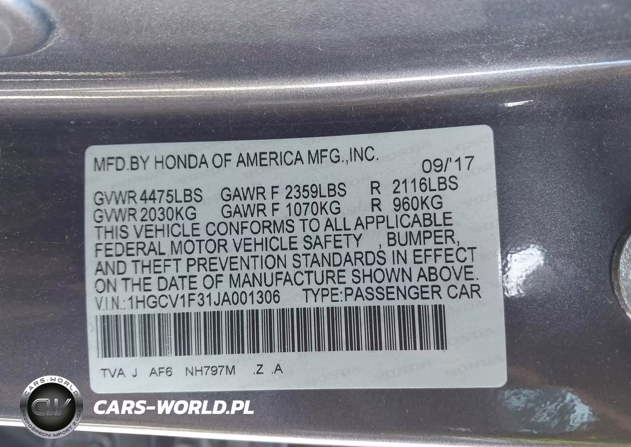 2018 Honda Accord Sport VIN:1HGCV1F31JA001306 - 9