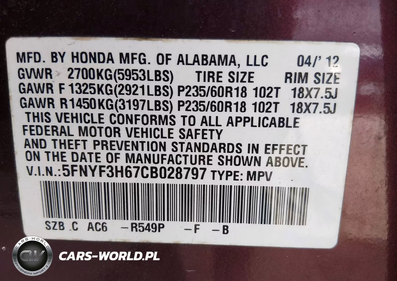 2012 Honda Pilot Ex-L VIN:5FNYF3H67CB028797 - 9