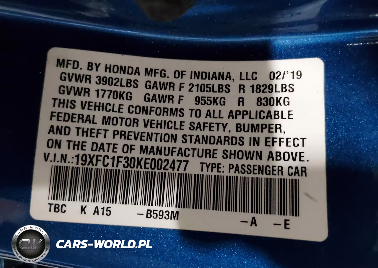 2019 Honda Civic Ex VIN:19XFC1F30KE002477 - 9