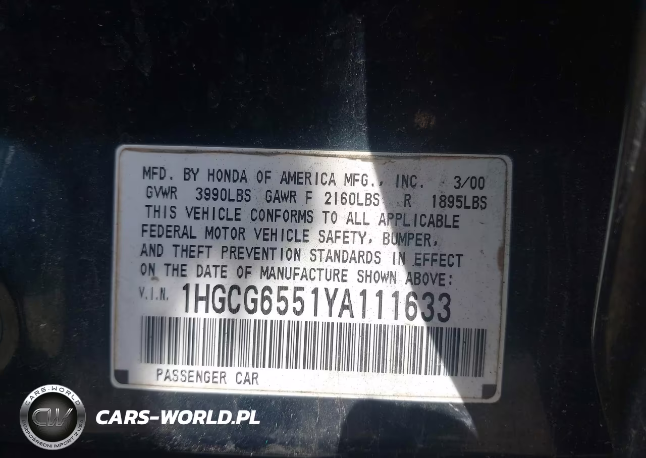 2000 Honda Accord 2.3 Lx VIN:1HGCG6551YA111633 - 9