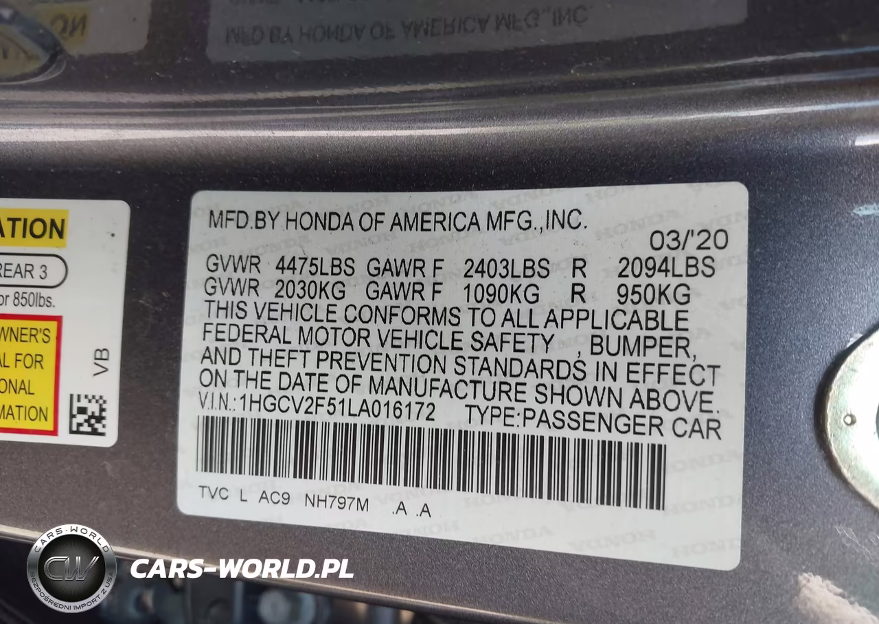 2020 Honda Accord Ex-L 2.0T VIN:1HGCV2F51LA016172 - 9