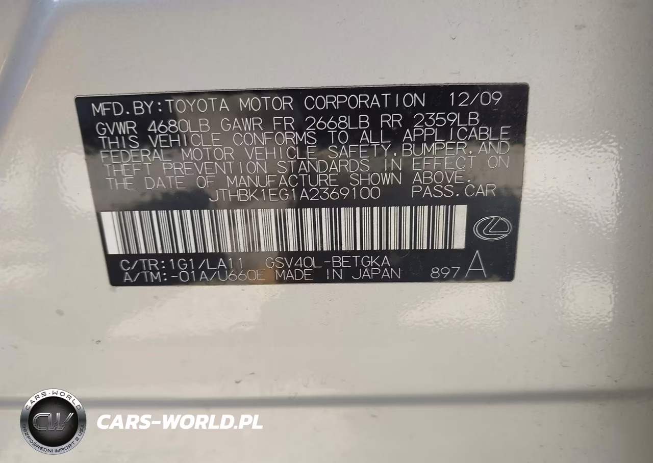 2010 Lexus Es 350 VIN:JTHBK1EG1A2369100 - 9