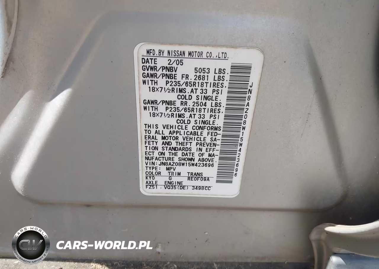 2005 Nissan Murano Sl VIN:JN8AZ08W15W423696 - 9