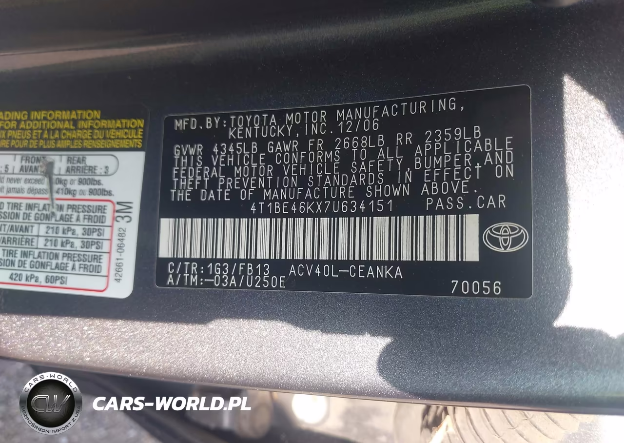 2007 Toyota Camry Le VIN:4T1BE46KX7U634151 - 9