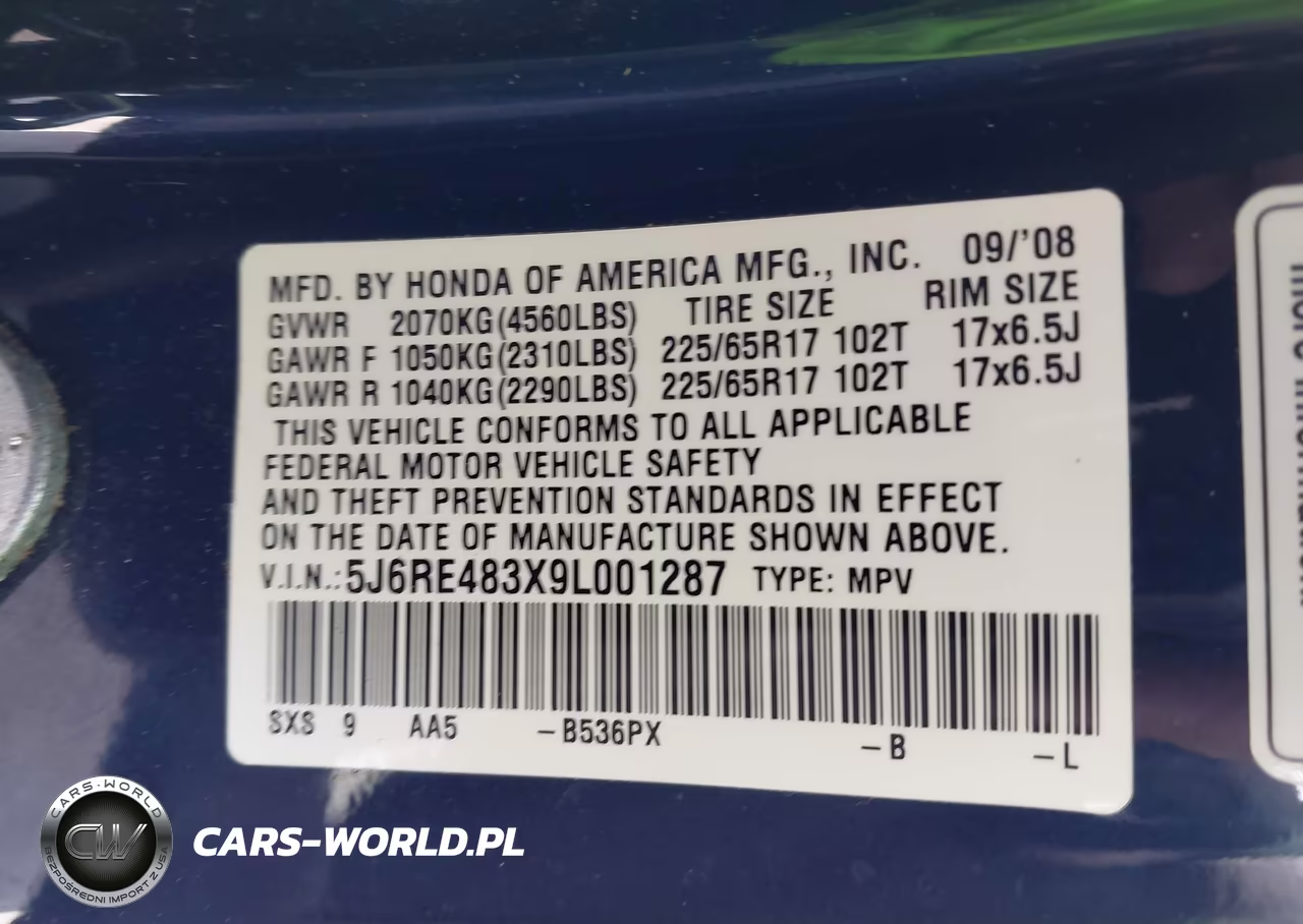 2009 Honda Cr-V Lx VIN:5J6RE483X9L001287 - 9