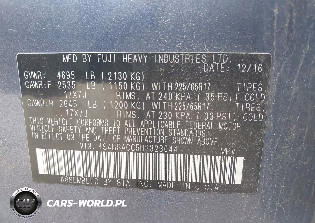 2017 Subaru Outback 2.5I Premium VIN:4S4BSACC5H3323044 - 9