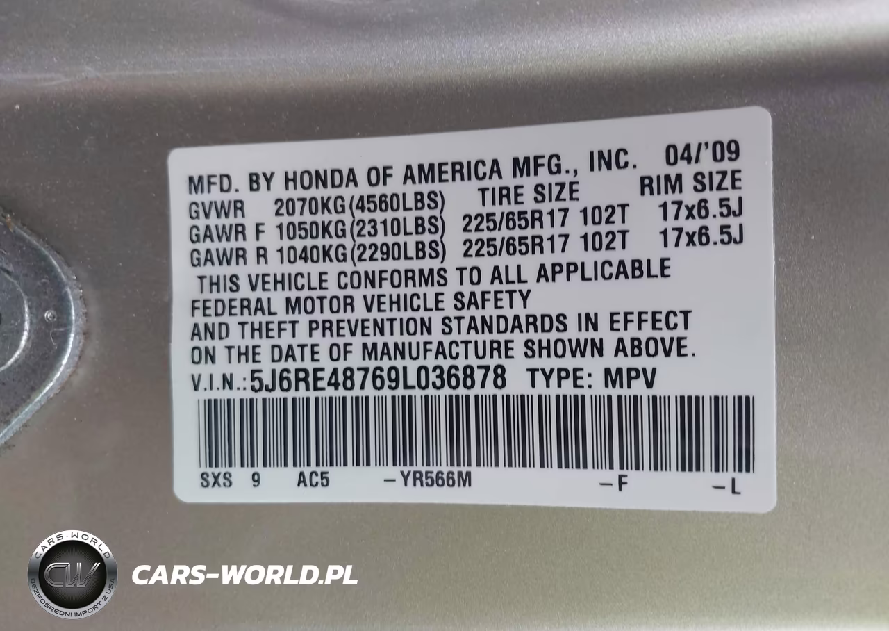 2009 Honda Cr-V Ex-L VIN:5J6RE48769L036878 - 9