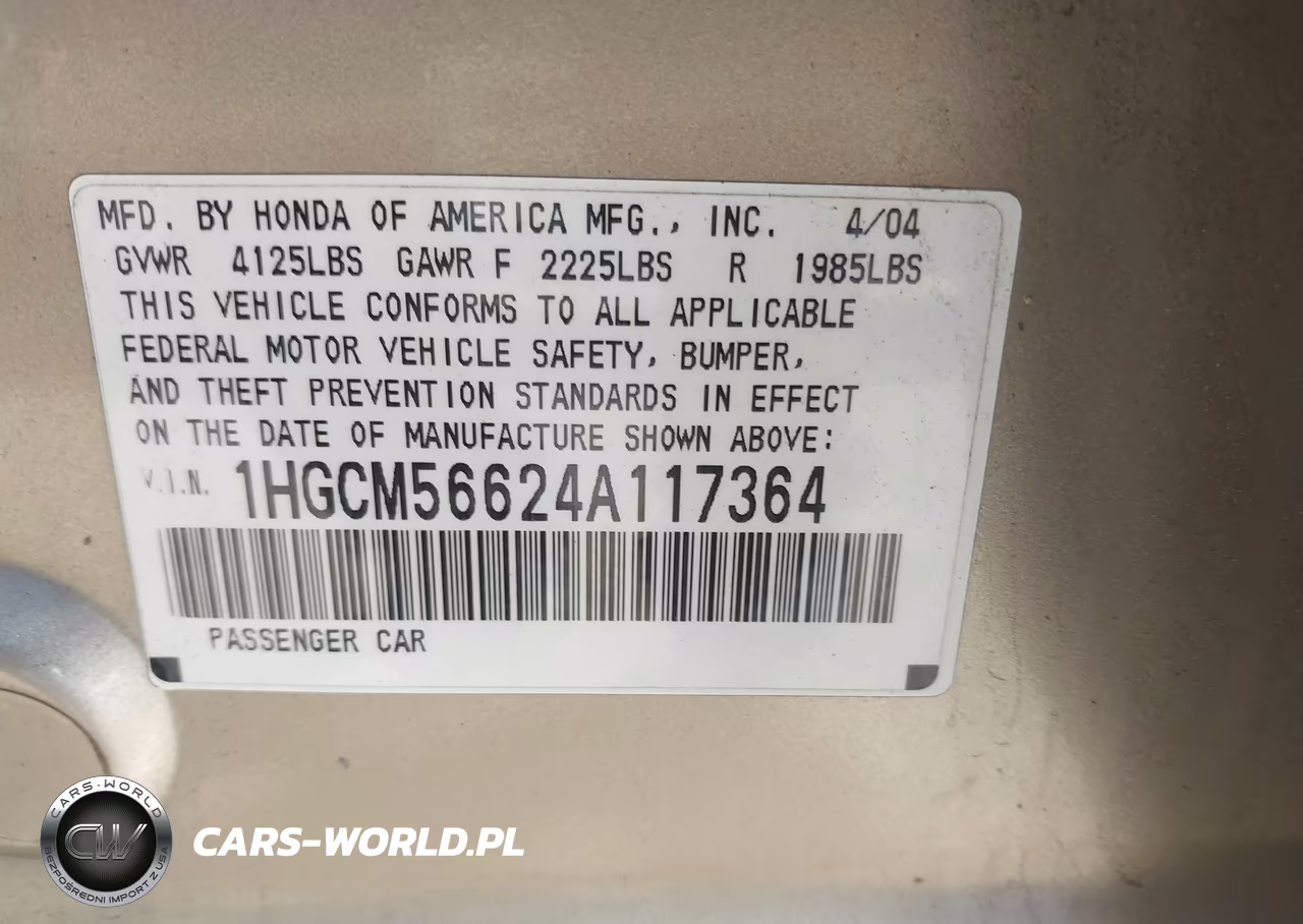 2004 Honda Accord 2.4 Ex VIN:1HGCM56624A117364 - 9
