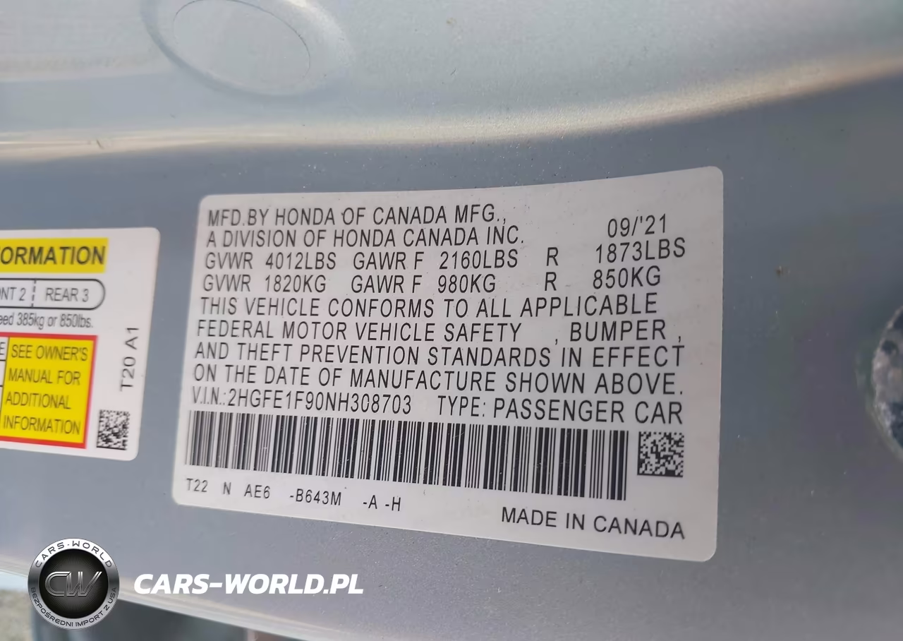 2022 Honda Civic Touring VIN:2HGFE1F90NH308703 - 9