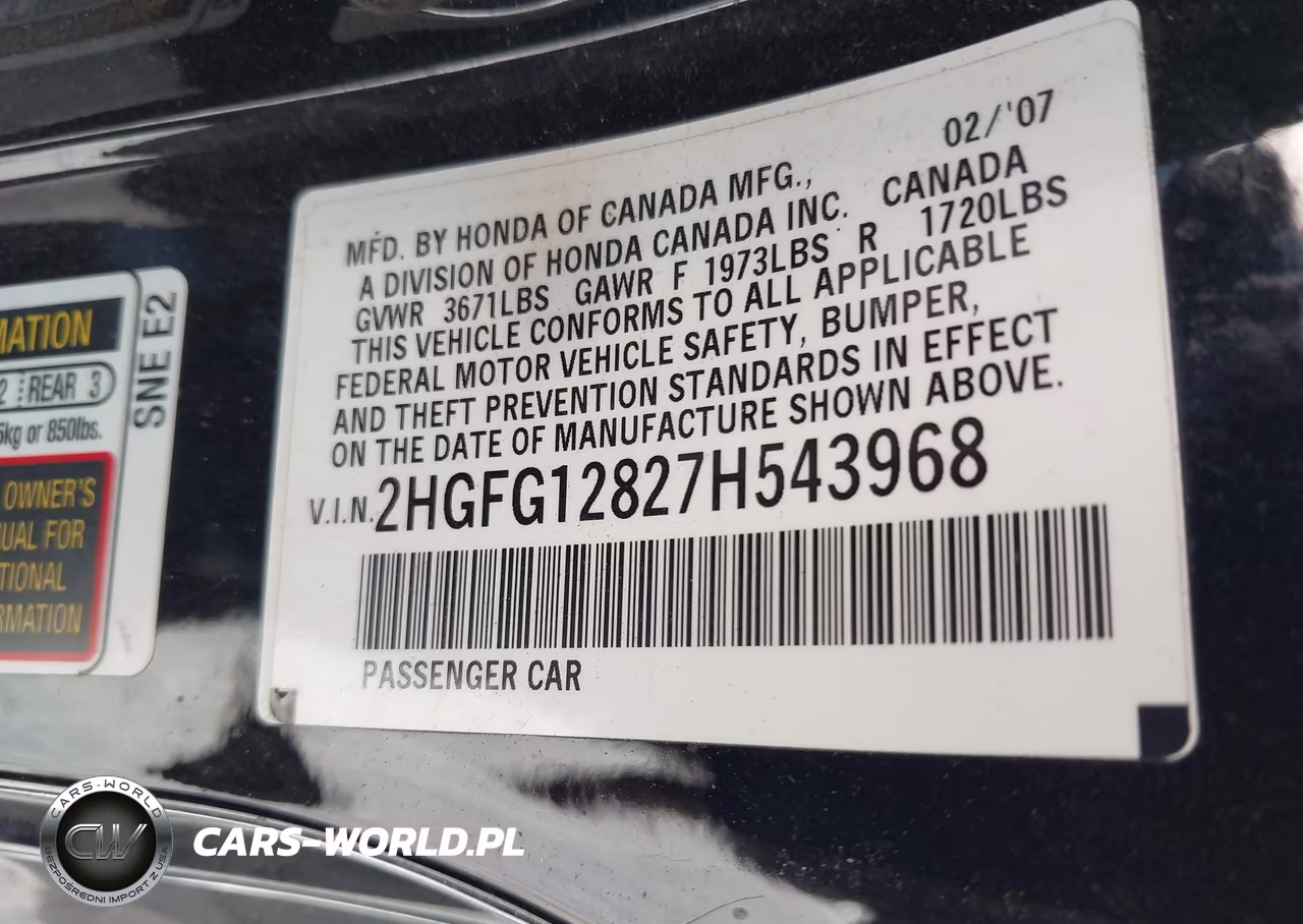 2007 Honda Civic Ex VIN:2HGFG12827H543968 - 9