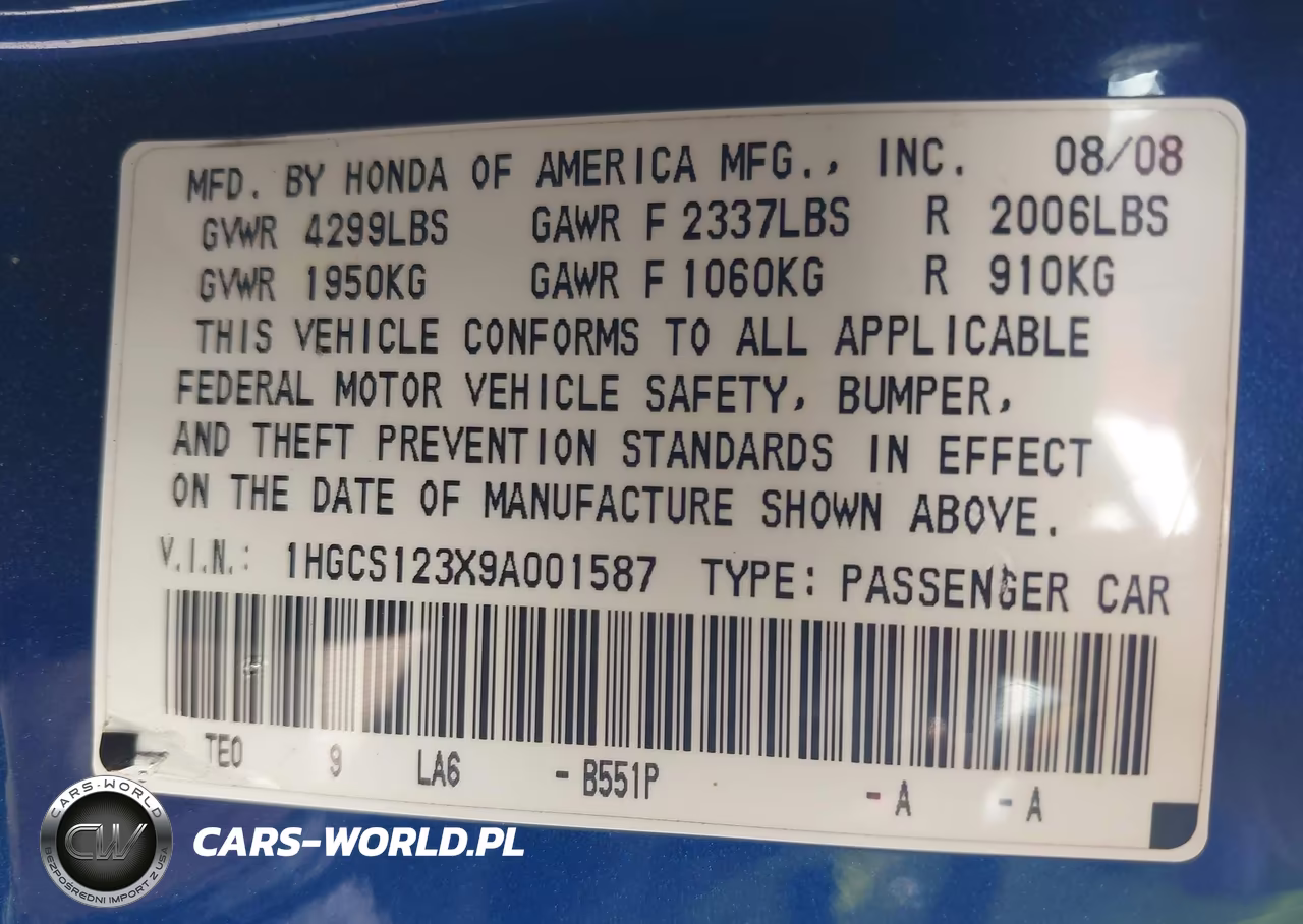 2009 Honda Accord 2.4 Lx-S VIN:1HGCS123X9A001587 - 9