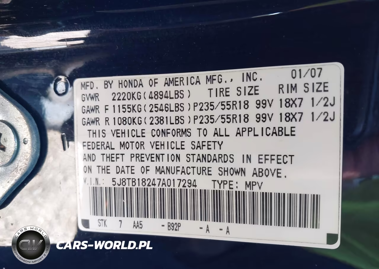 2007 Acura Rdx VIN:5J8TB18247A017294 - 9
