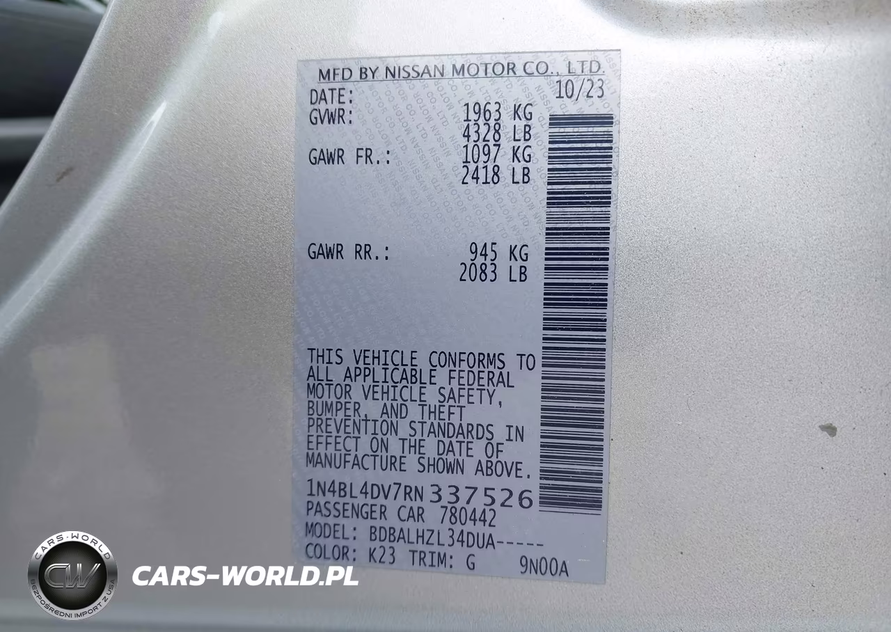 2024 Nissan Altima Sv Fwd VIN:1N4BL4DV7RN337526 - 9