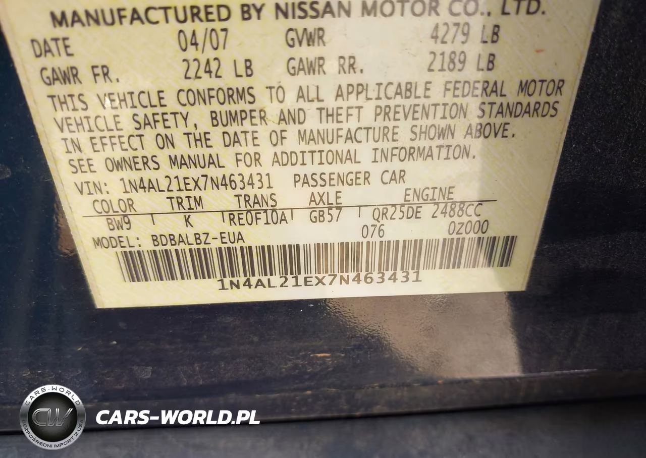 2007 Nissan Altima 2.5 S VIN:1N4AL21EX7N463431 - 9