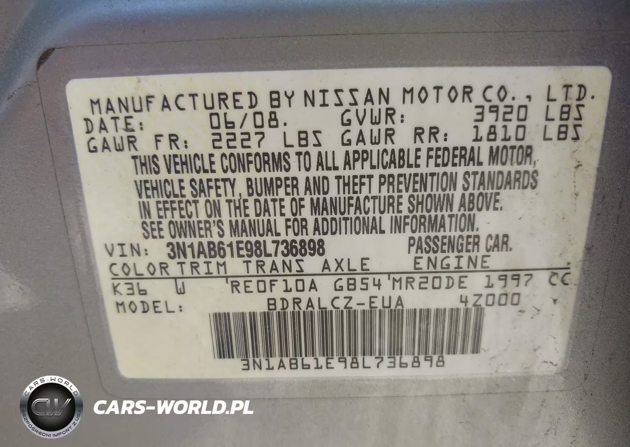 2008 Nissan Sentra 2.0 VIN:3N1AB61E98L736898 - 9