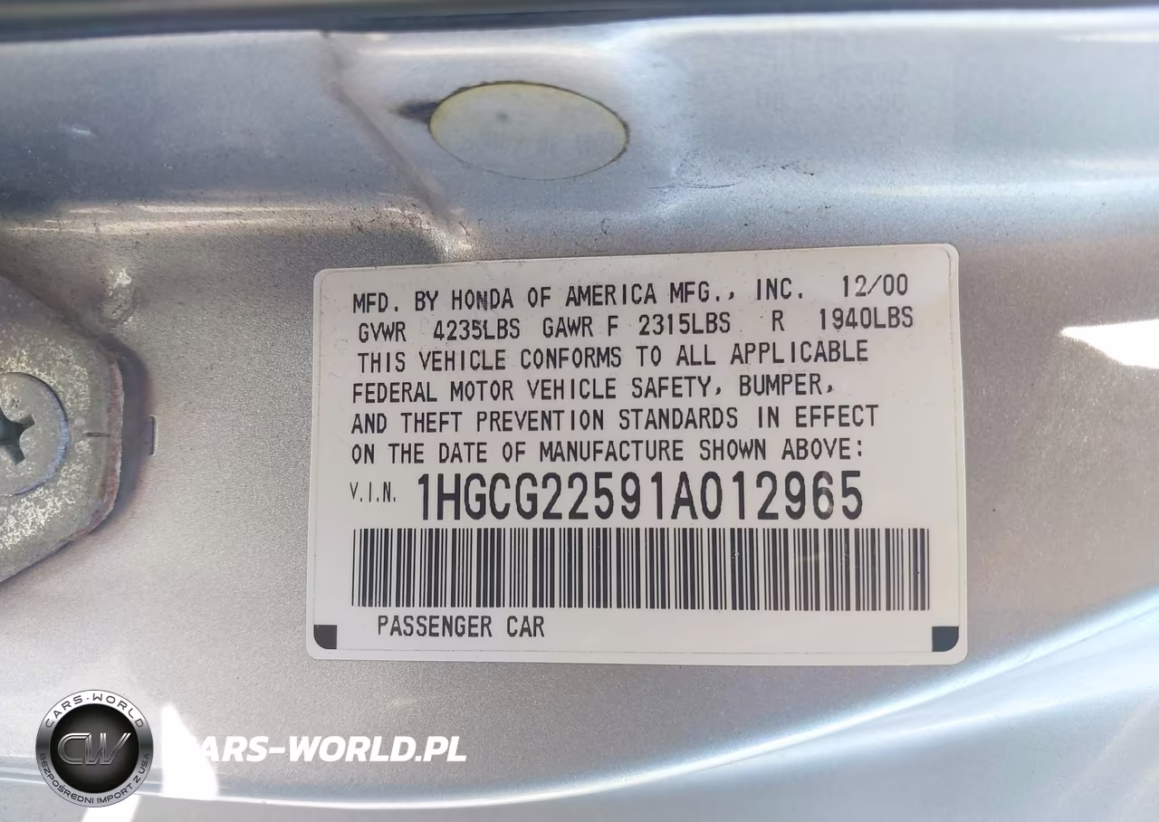 2001 Honda Accord 3.0 Ex VIN:1HGCG22591A012965 - 9