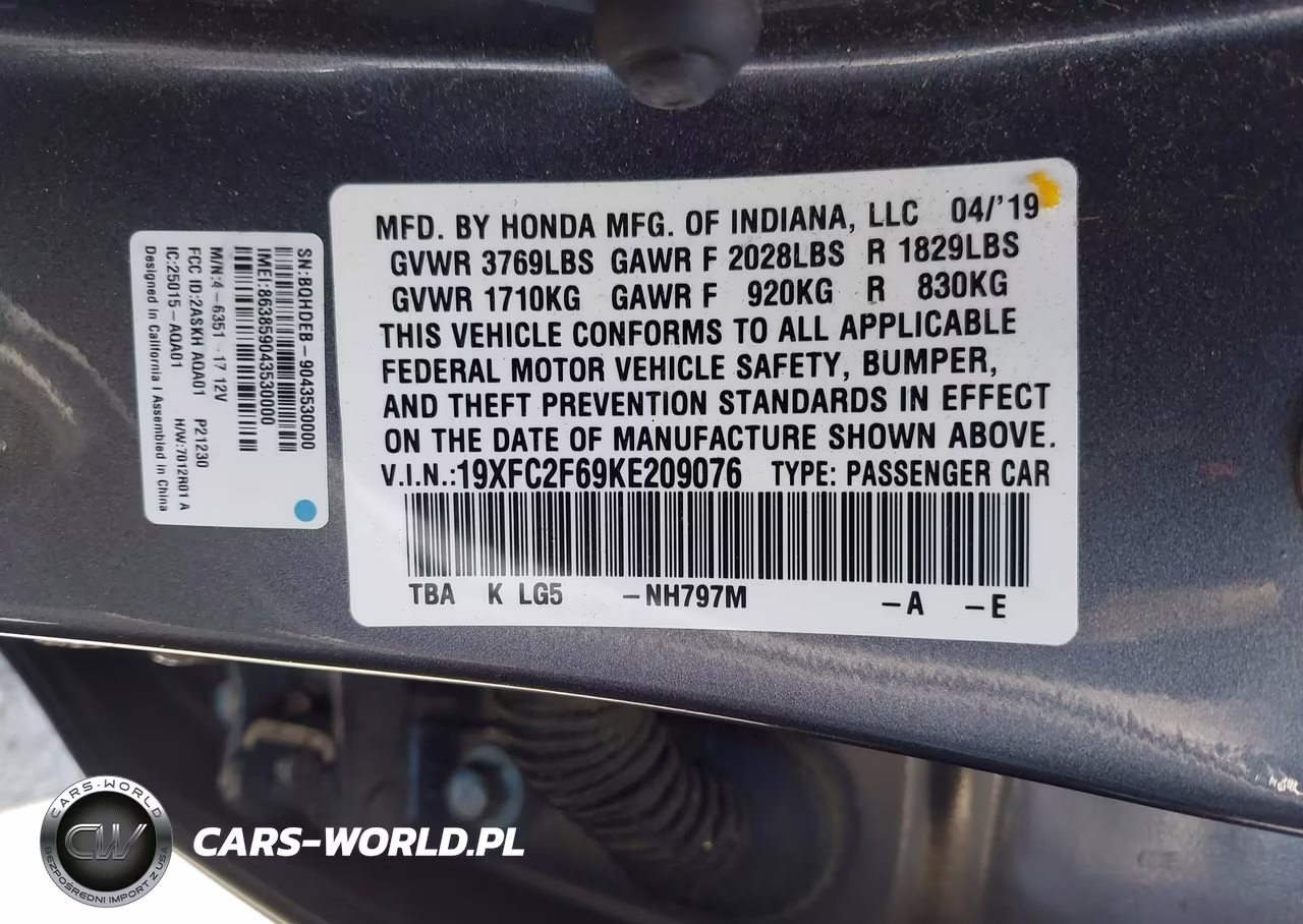 2019 Honda Civic Lx VIN:19XFC2F69KE209076 - 9
