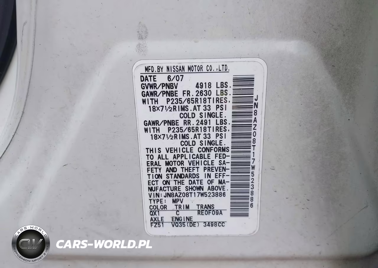 2007 Nissan Murano Sl VIN:JN8AZ08T17W523886 - 9