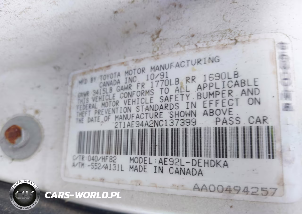1992 Toyota Corolla Dlx VIN:2T1AE94A2NC137399 - 9